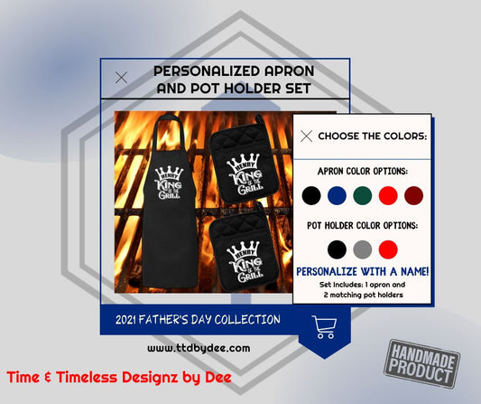 Personalized King of the Grill Apron and Pot Holder Set Pot Holder Time and Timeless Designz by Dee 