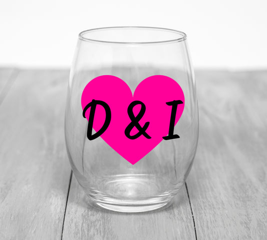 Custom Heart & Initials Wine Glass Wine Glass Time and Timeless Designz by Dee 